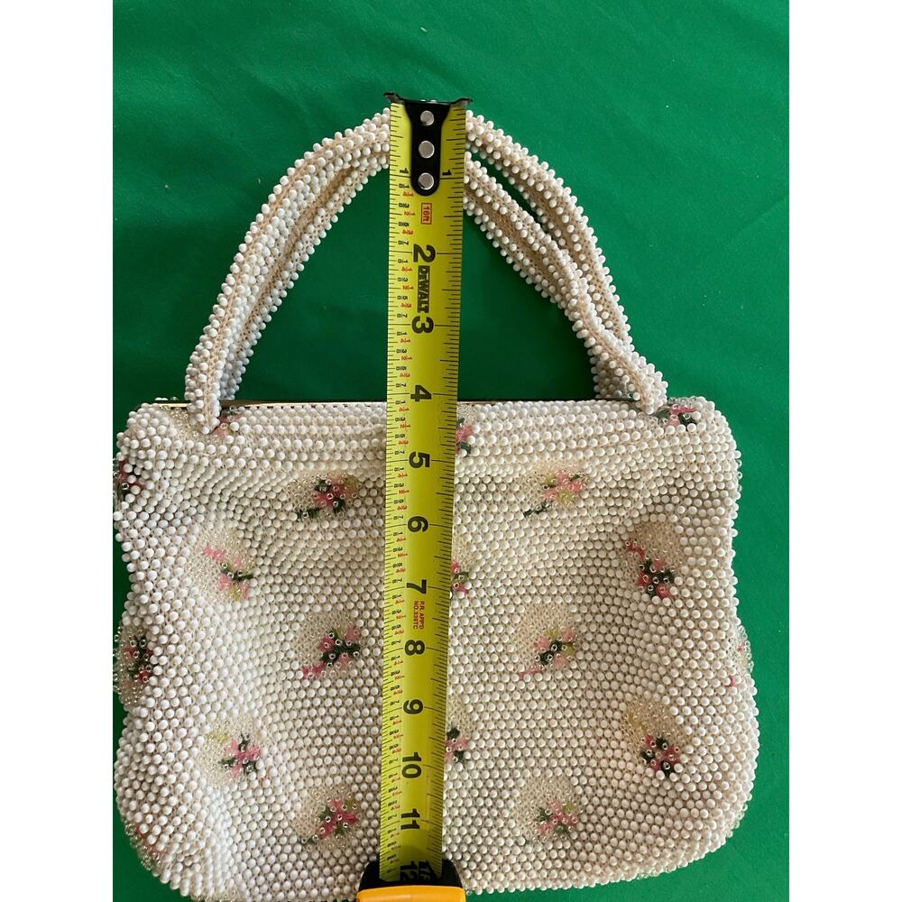 Vintage 1950’s Corde Bead Lumured Ivory Floral Clutch Handbag Purse With Handle - Picture 9 of 10